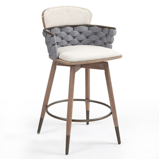 Bechor Beige and Gray Woven Fabric Counter Stool with Natural Wood Legs