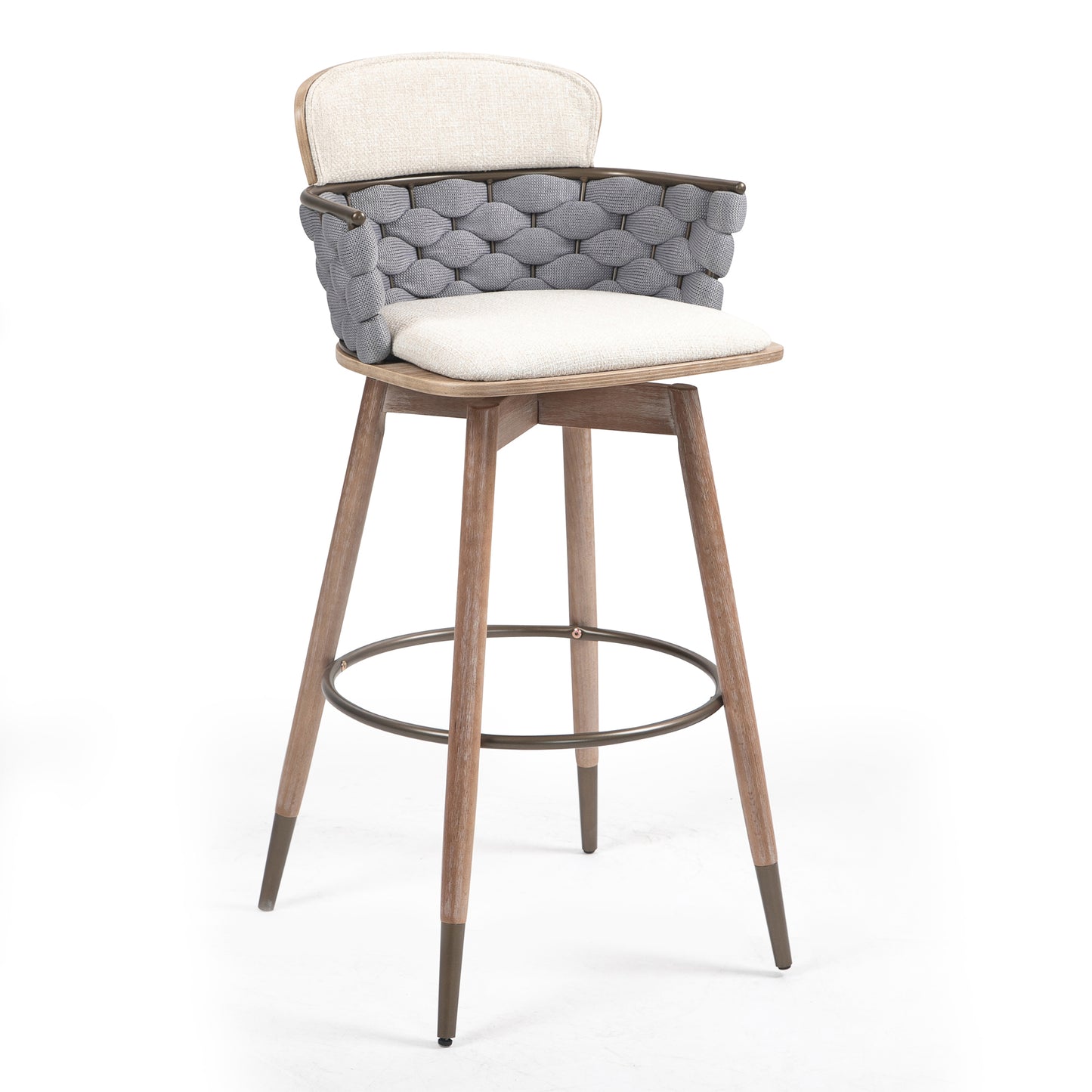 Bechor Beige and Gray Linen Fabric Bar Stool with Natural Wood Legs