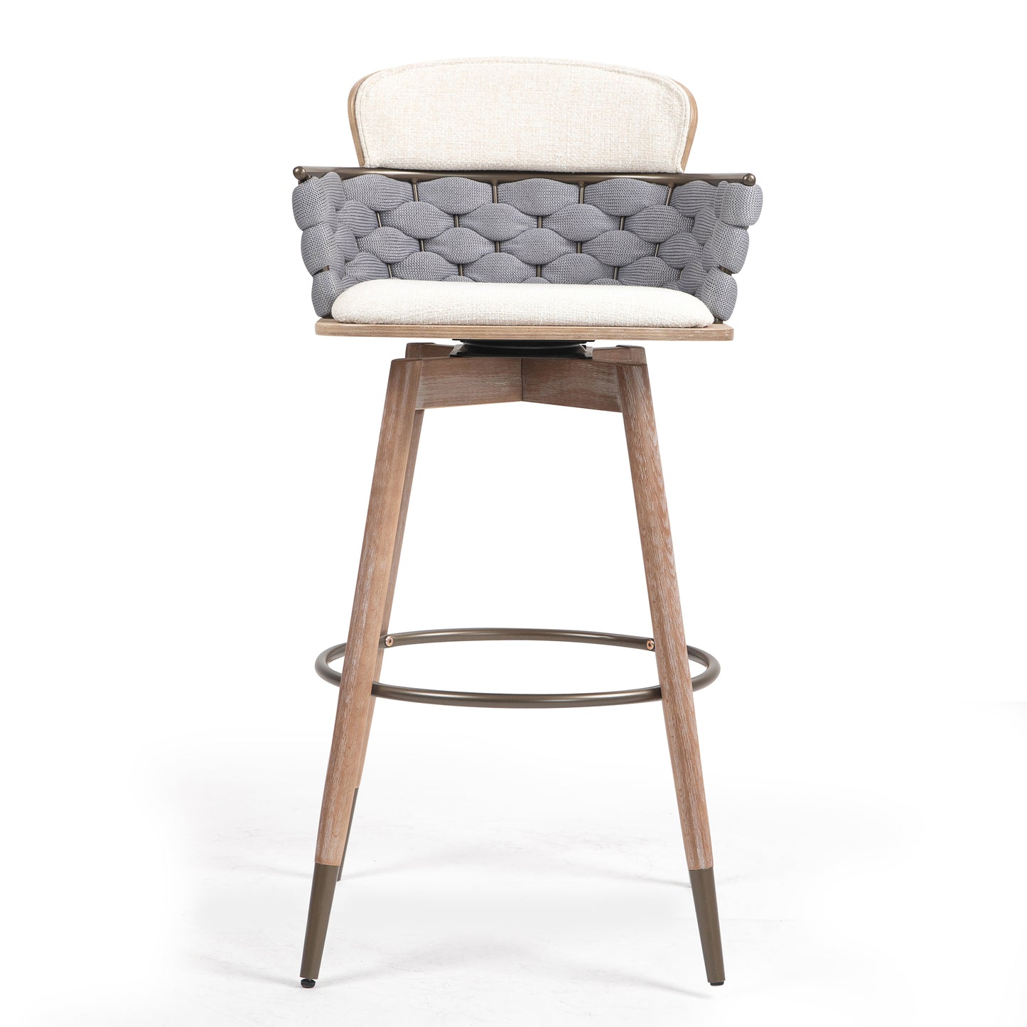 Bechor Beige and Gray Linen Fabric Bar Stool with Natural Wood Legs