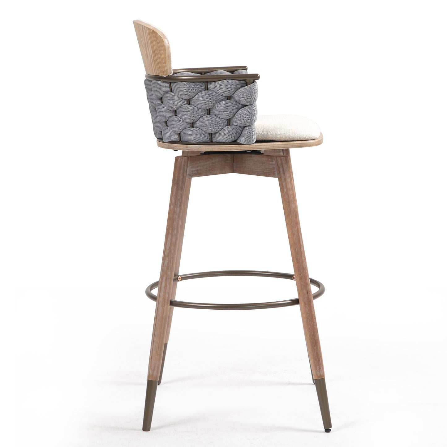 Bechor Beige and Gray Linen Fabric Bar Stool with Natural Wood Legs