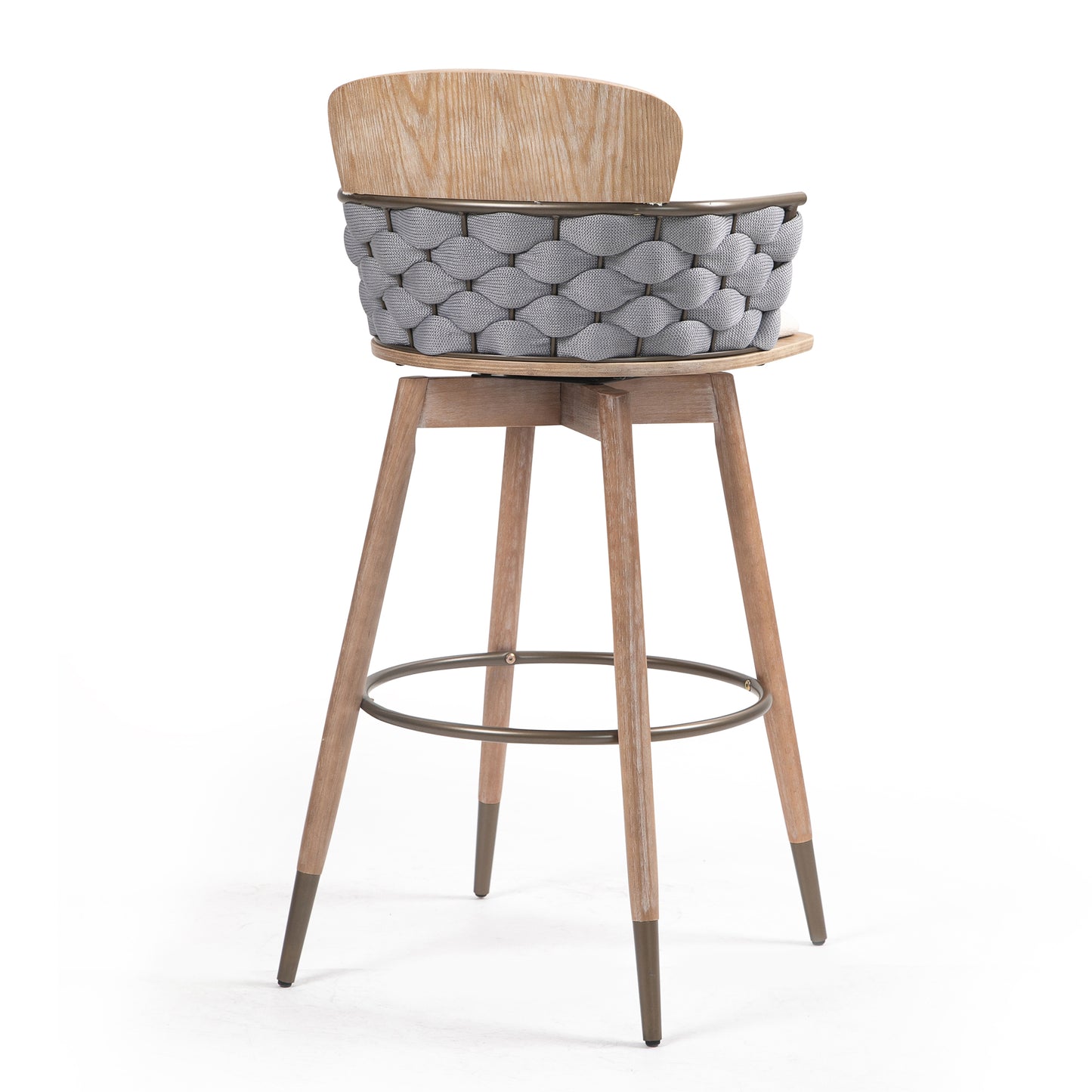 Bechor Beige and Gray Linen Fabric Bar Stool with Natural Wood Legs