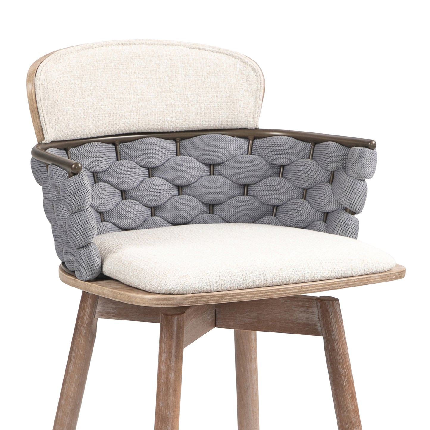 Bechor Beige and Gray Linen Fabric Bar Stool with Natural Wood Legs