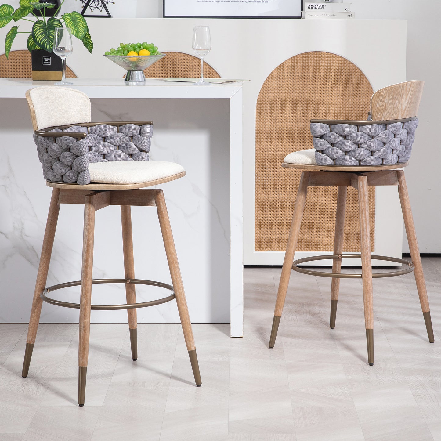 Bechor Beige and Gray Linen Fabric Bar Stool with Natural Wood Legs