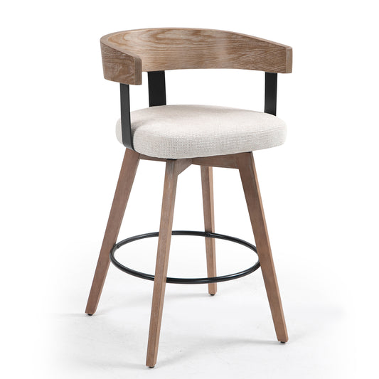 Beck Beige Linen Fabric Counter Stool with Natural Wood Backrest and Legs