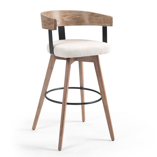 Beck Beige Linen Fabric Bar Stool with Natural Wood Backrest and Legs