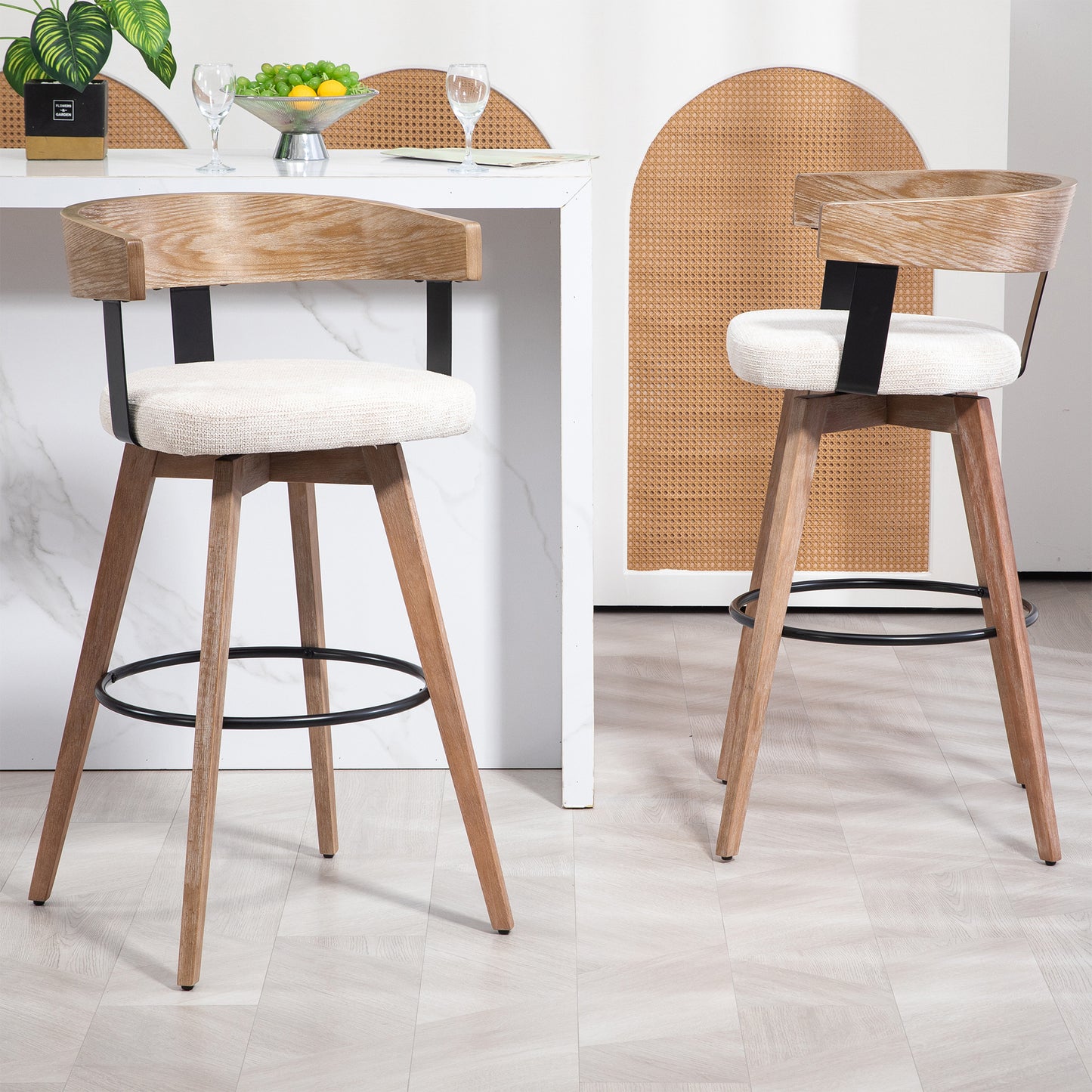 Beck Beige Linen Fabric Bar Stool with Natural Wood Backrest and Legs