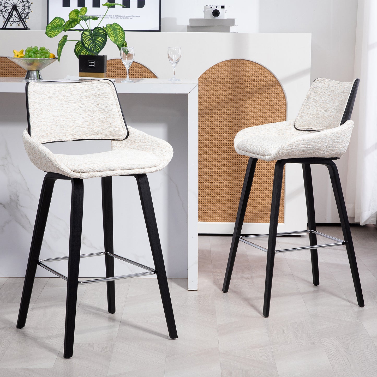 Bea White Two-Toned Linen Fabric Bar Stool with Black Wood Legs