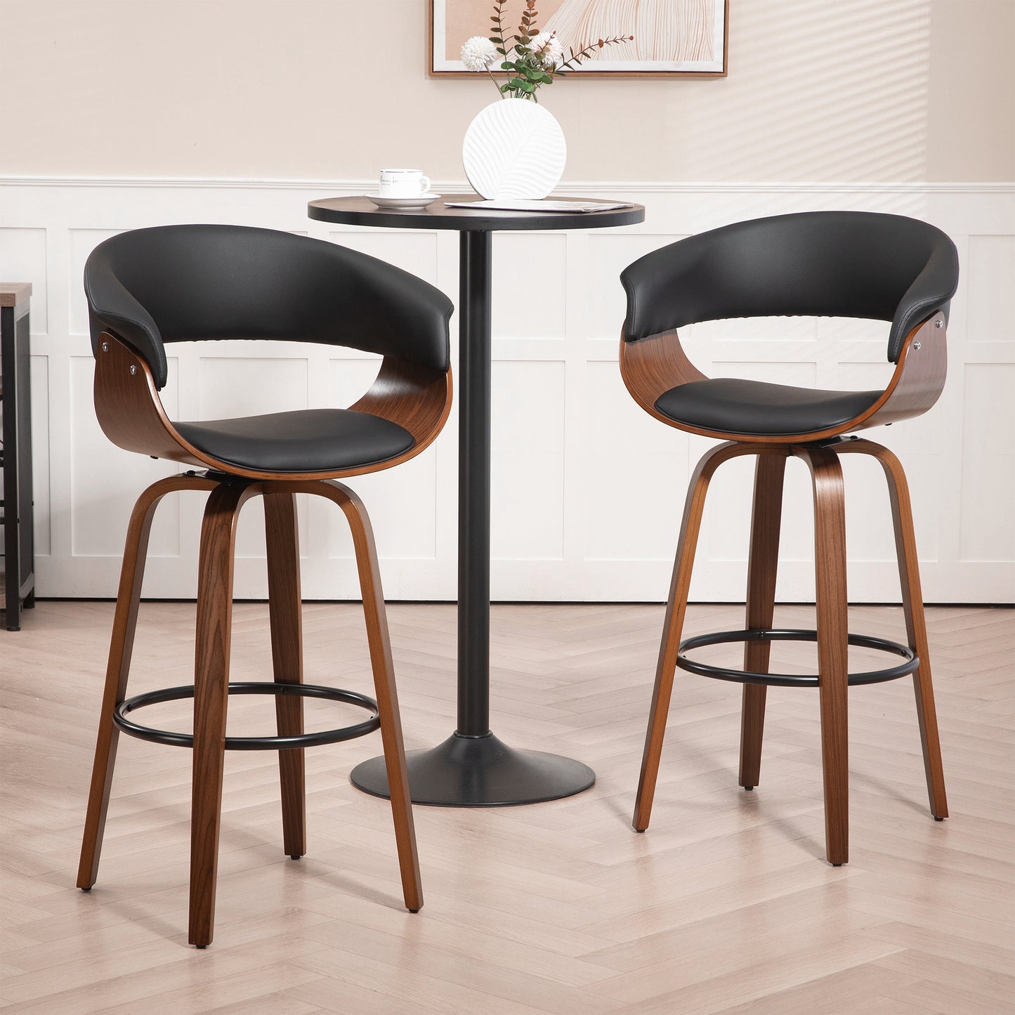 Beale Black Faux Leather Bar Stool with Walnut Wood Accent Legs