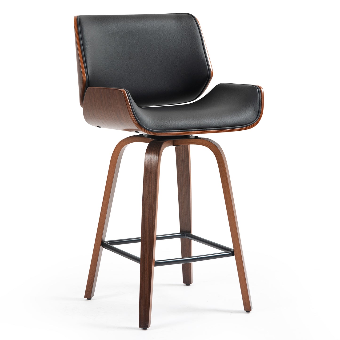 Beate Black Faux Leather Counter Stool with Walnut Wood Legs