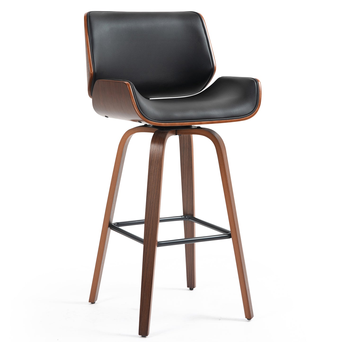 Beate Black Faux Leather Bar Stool with Walnut Wood Legs