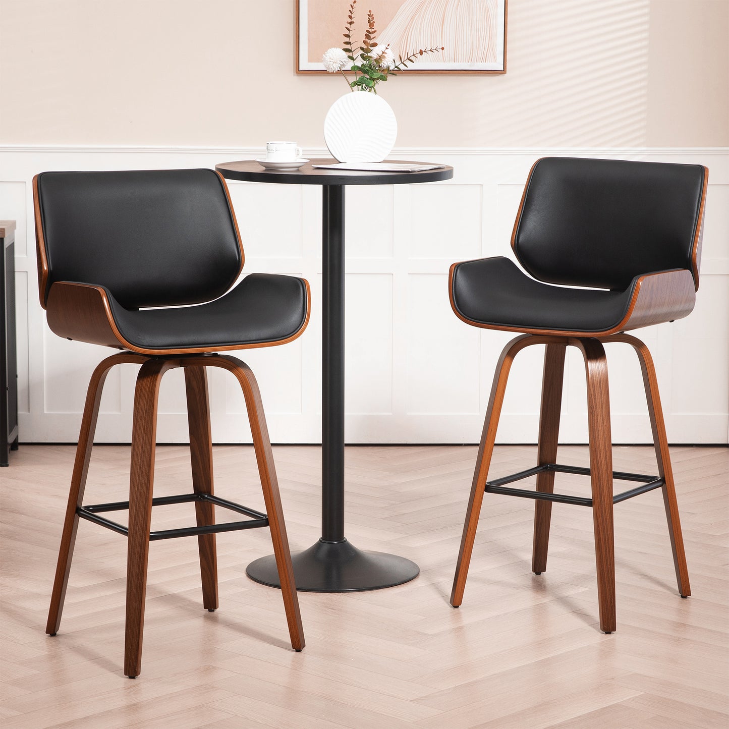 Beate Black Faux Leather Bar Stool with Walnut Wood Legs