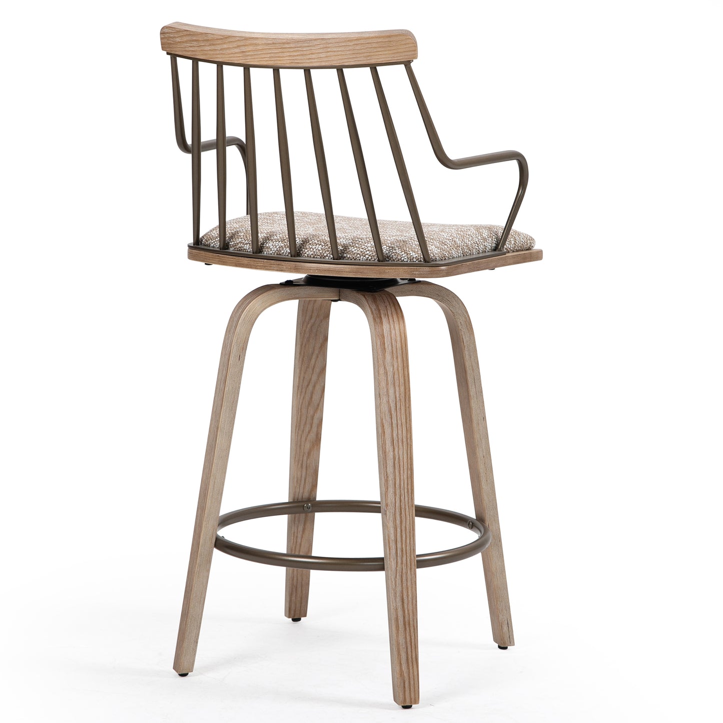 Beatrice Brown and White Woven Fabric Counter Stool with Natural Wood Legs