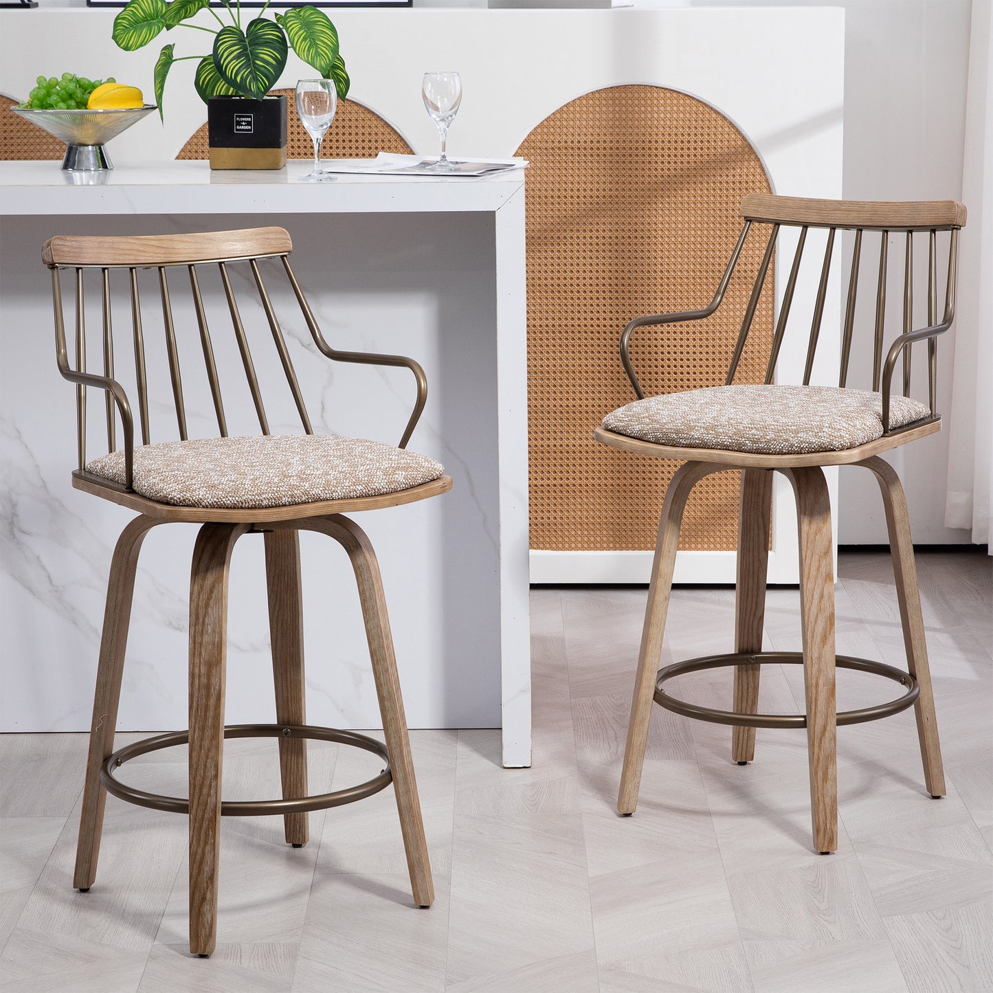 Beatrice Brown and White Woven Fabric Counter Stool with Natural Wood Legs