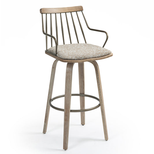 Beatrice Brown and White Woven Fabric Bar Stool with Natural Wood Legs