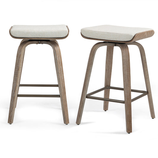 Set of 2 Beatrix Beige Woven Fabric Counter Stool with Natural Wood Legs