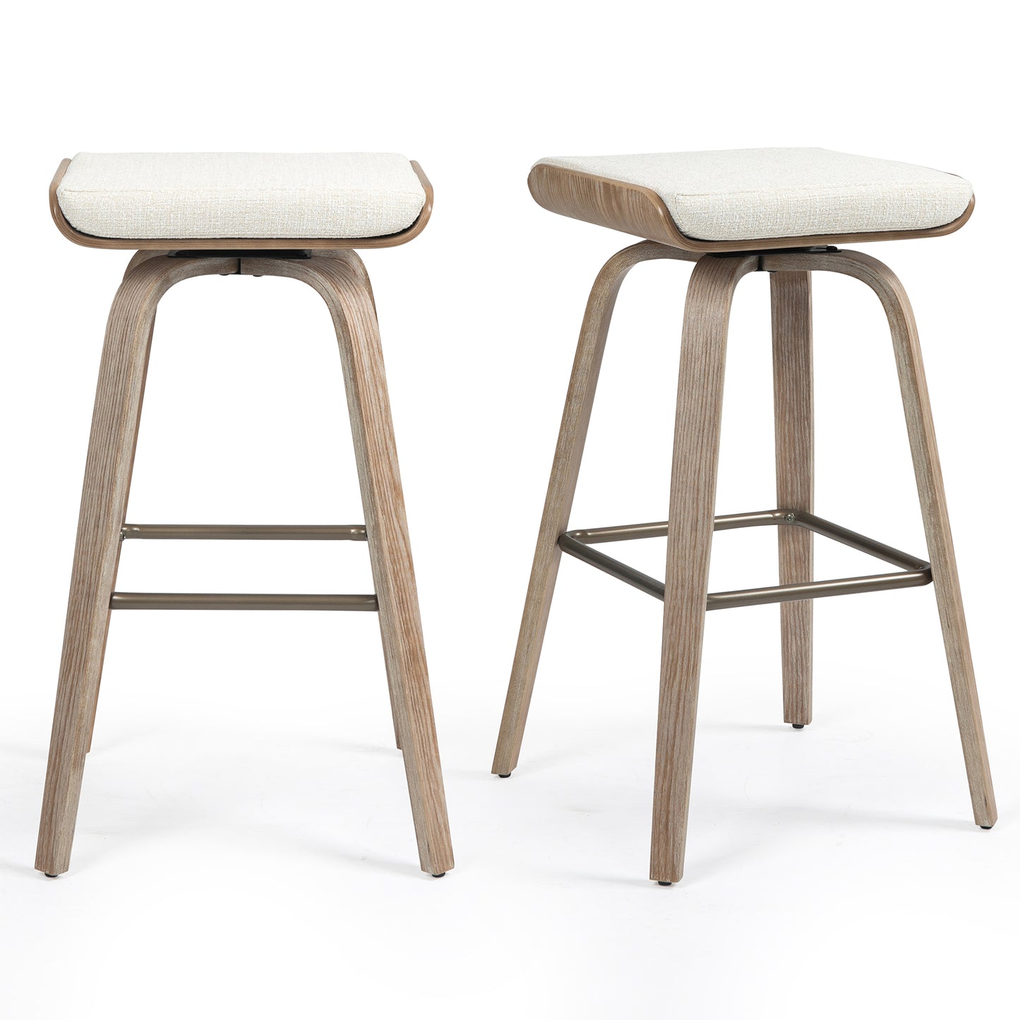 Set of 2 Beatrix Beige Woven Fabric Bar Stool with Natural Wood Legs