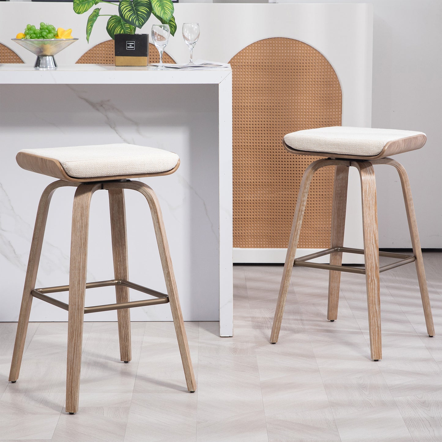 Set of 2 Beatrix Beige Woven Fabric Bar Stool with Natural Wood Legs