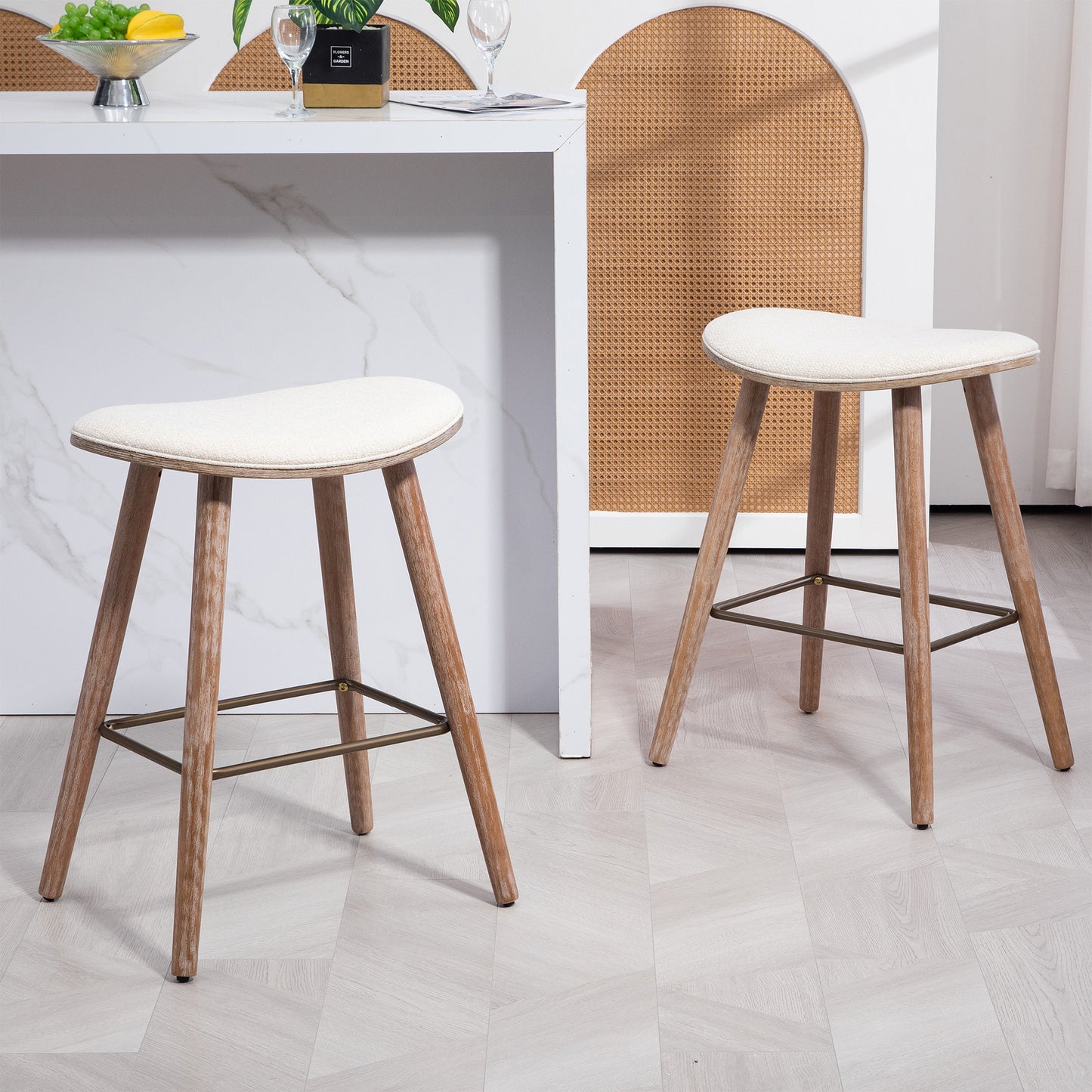 Set of 2 Beatriz Beige Woven Fabric Counter Stool with Wood Legs