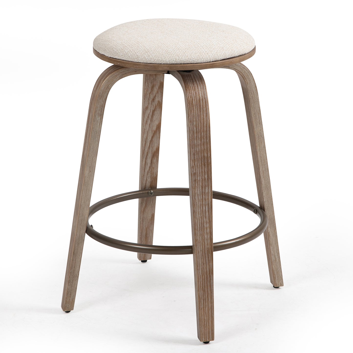 Beatus Beige Woven Fabric Counter Stool with Natural Wood Legs