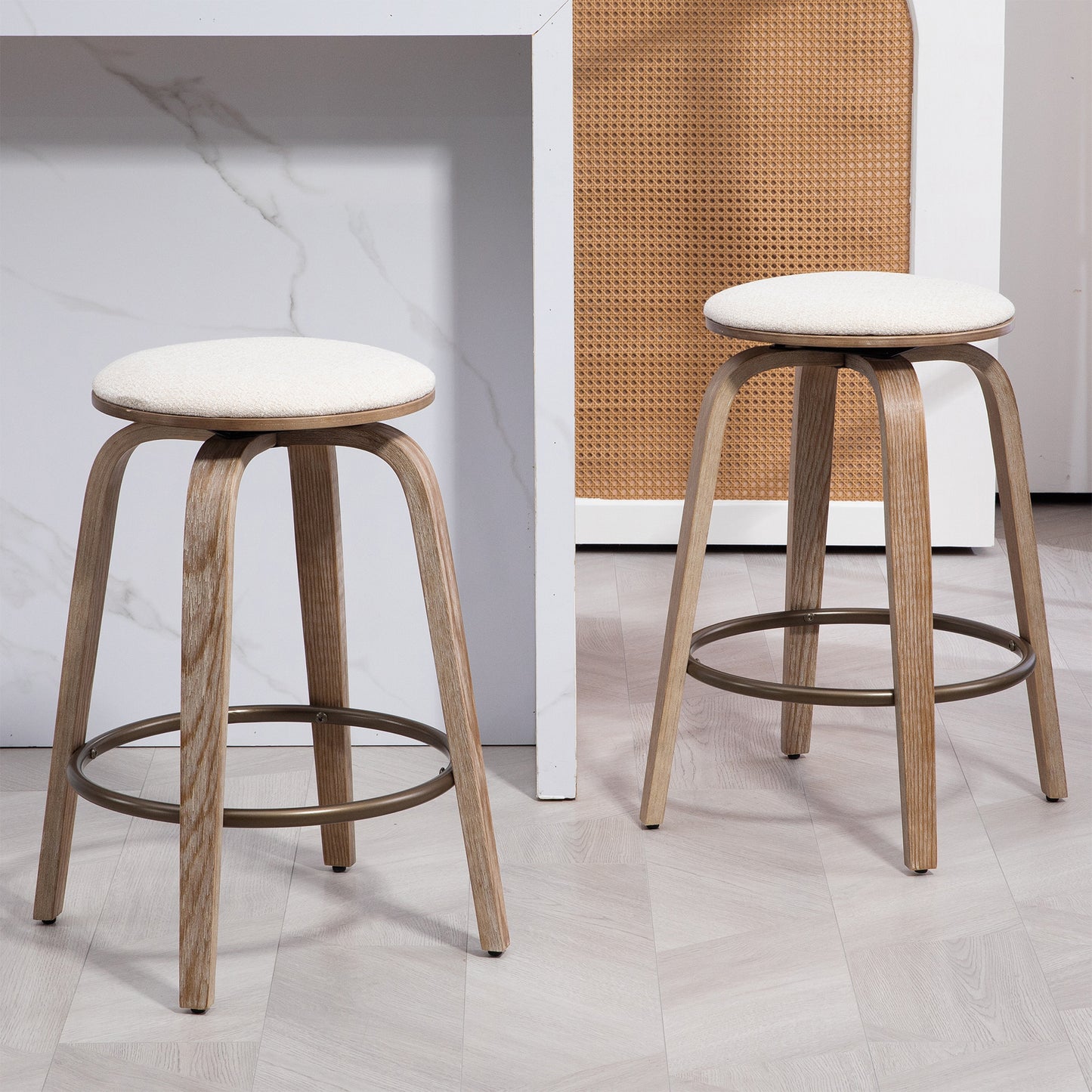 Beatus Beige Woven Fabric Counter Stool with Natural Wood Legs