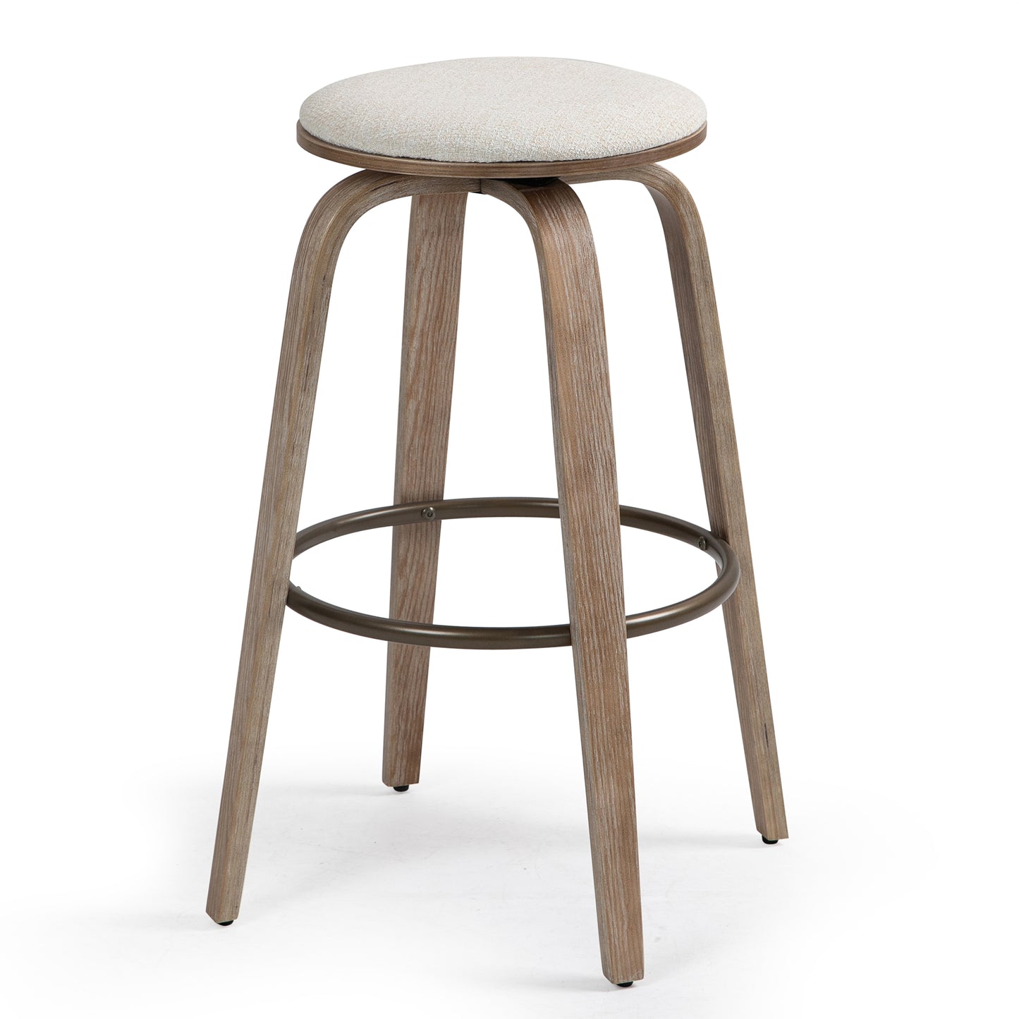 Beatus Beige Woven Fabric Bar Stool with Natural Wood Legs