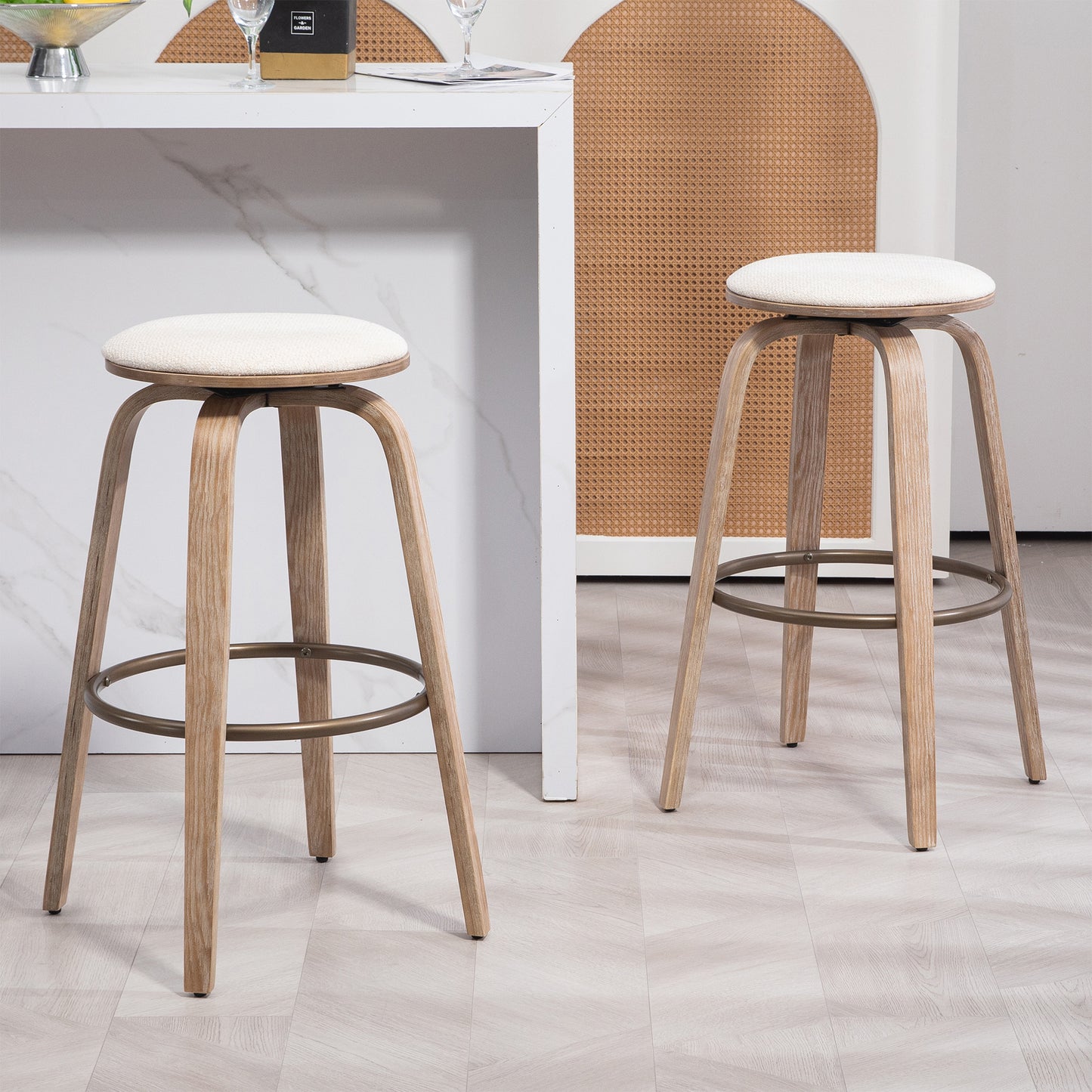 Beatus Beige Woven Fabric Bar Stool with Natural Wood Legs