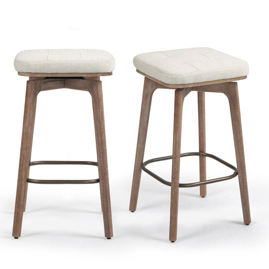 Set of 2 Beckham Beige Woven Fabric Backless Counter Stool with Natural Wood Legs