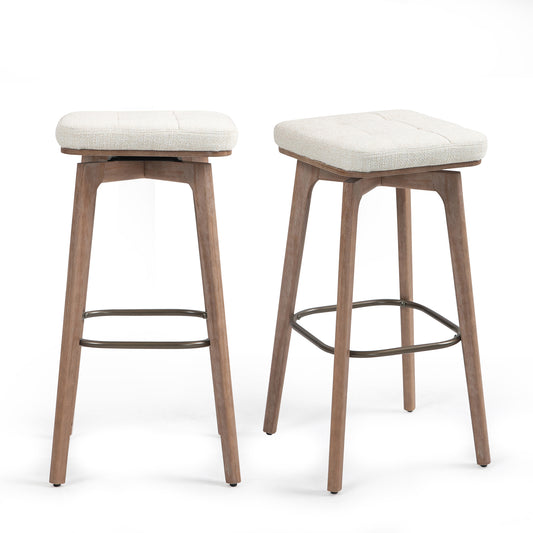 Set of 2 Beckham Beige Linen Fabric Backless Bar Stool with Natural Wood Legs