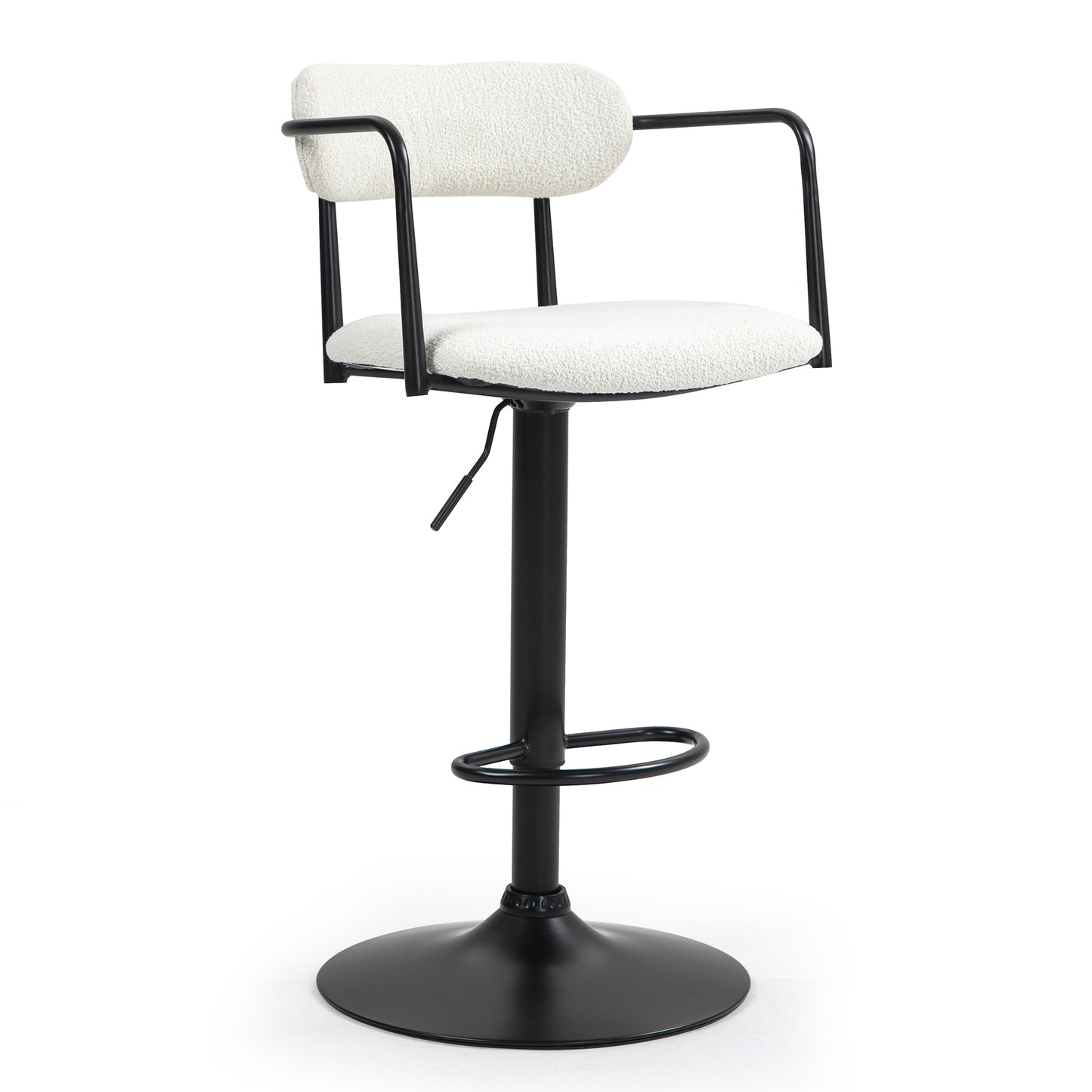 Bedivere Beige Boucle Fabric Adjustable Bar Stool with Black Iron Arms and Pedestal Leg