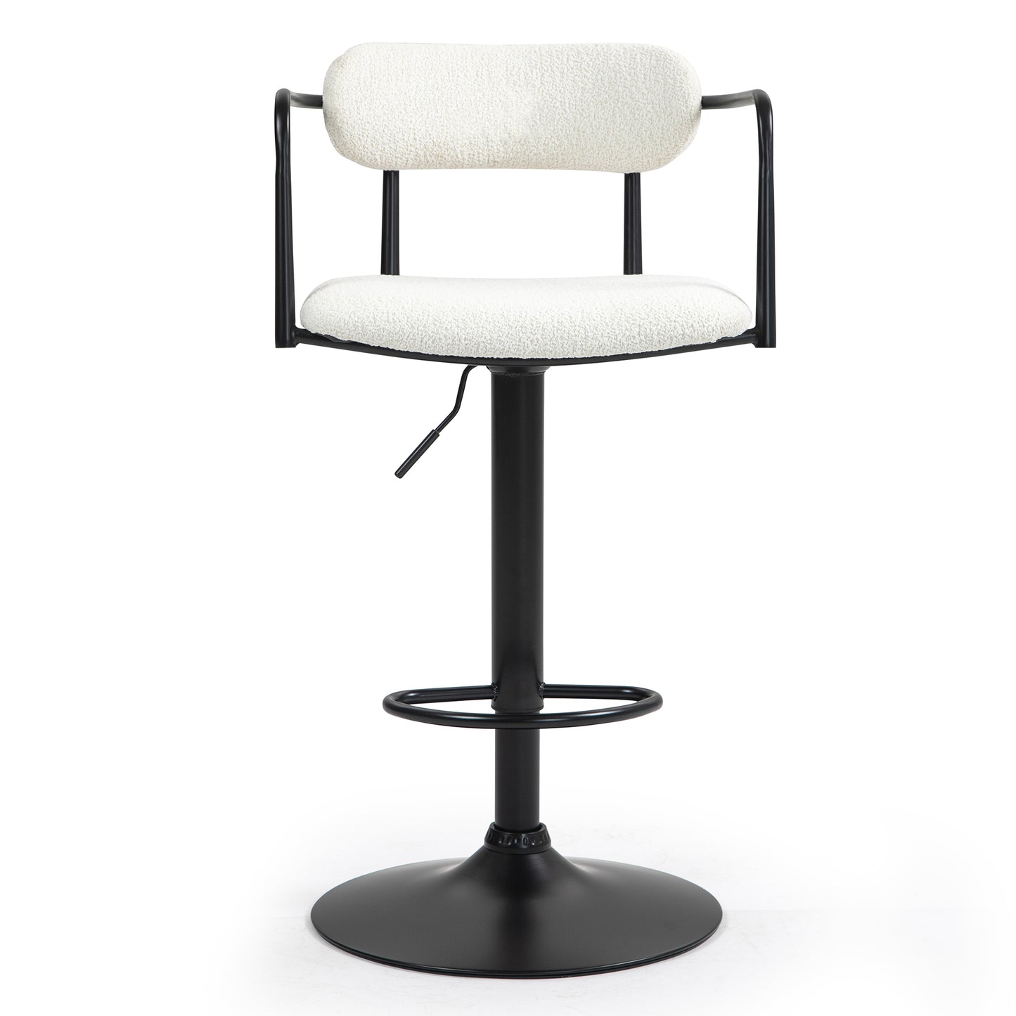 Bedivere Beige Boucle Fabric Adjustable Bar Stool with Black Iron Arms and Pedestal Leg