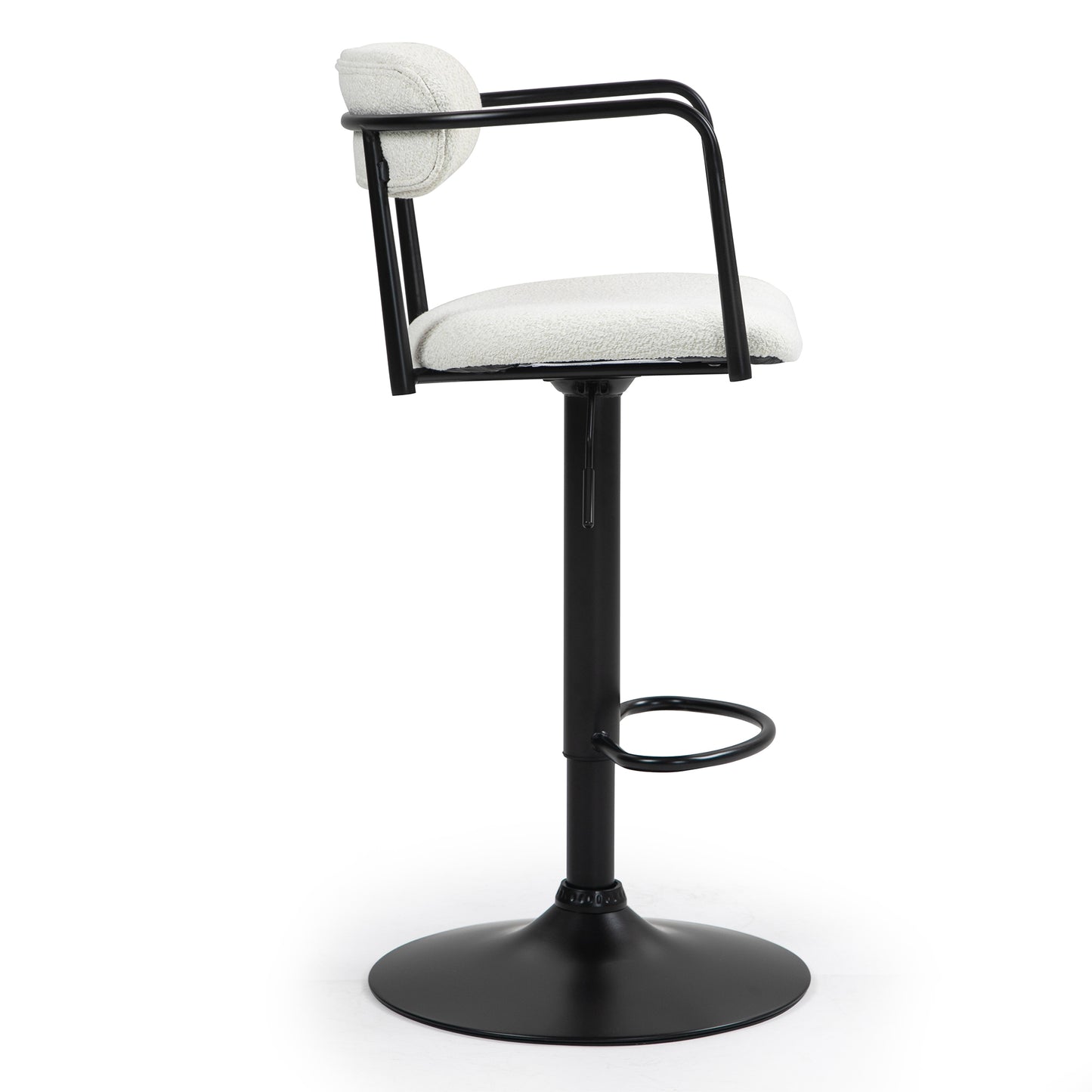 Bedivere Beige Boucle Fabric Adjustable Bar Stool with Black Iron Arms and Pedestal Leg