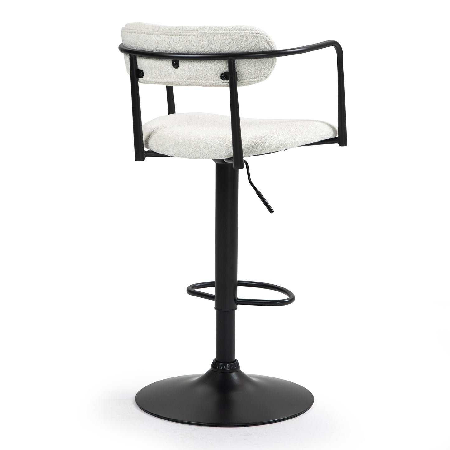 Bedivere Beige Boucle Fabric Adjustable Bar Stool with Black Iron Arms and Pedestal Leg