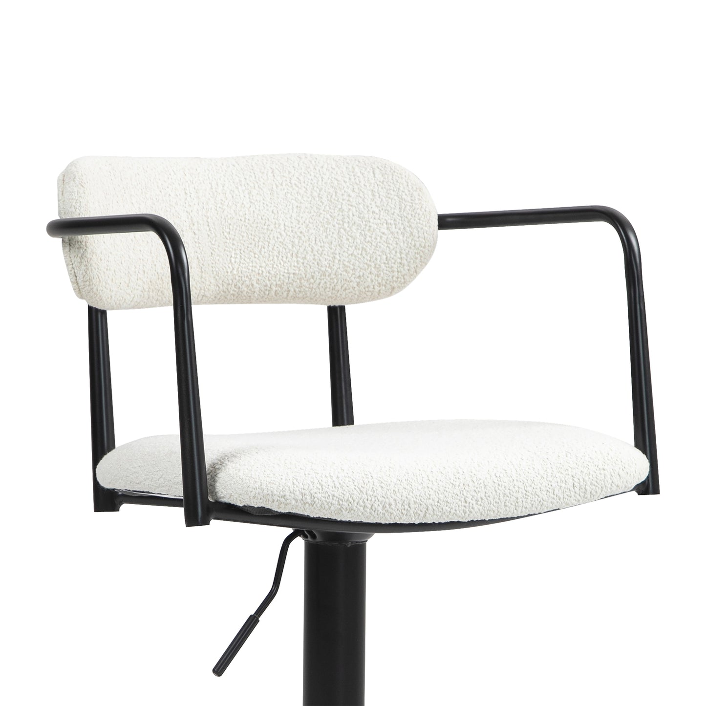 Bedivere Beige Boucle Fabric Adjustable Bar Stool with Black Iron Arms and Pedestal Leg