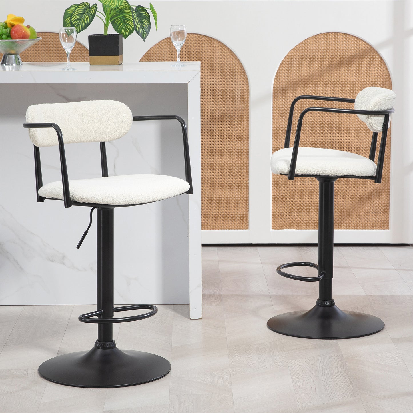 Bedivere Beige Boucle Fabric Adjustable Bar Stool with Black Iron Arms and Pedestal Leg