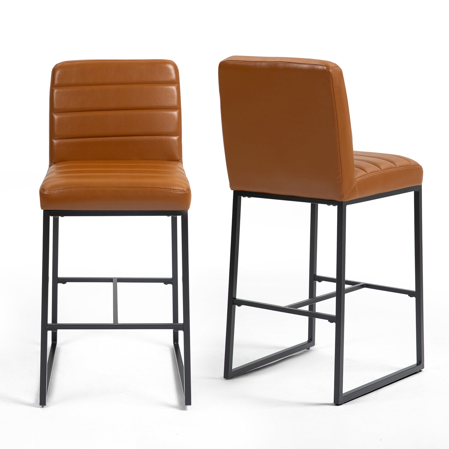 Set of 2 Belisario Light Brown Faux Leather Bar Stool with Black Metal Legs