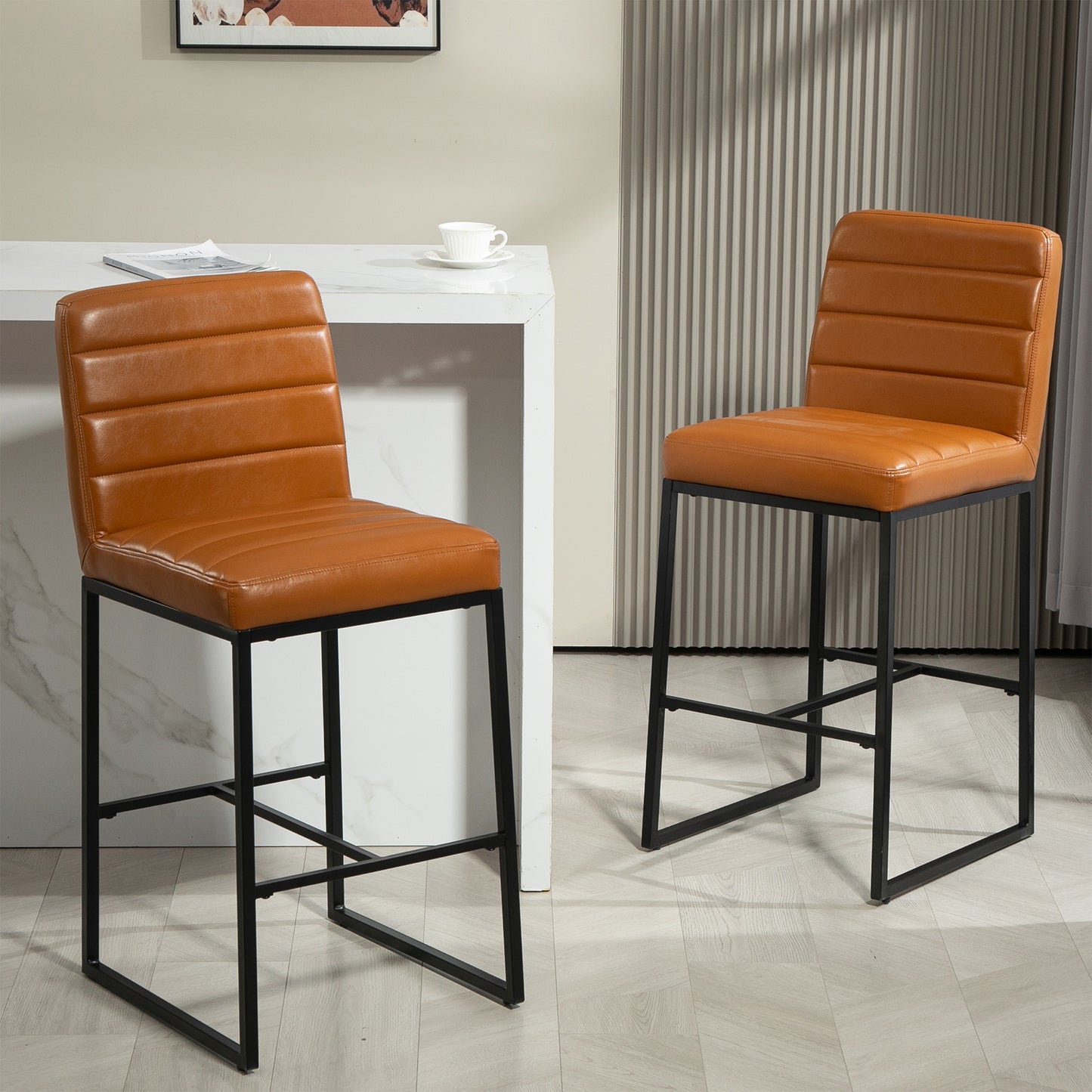 Set of 2 Belisario Light Brown Faux Leather Bar Stool with Black Metal Legs