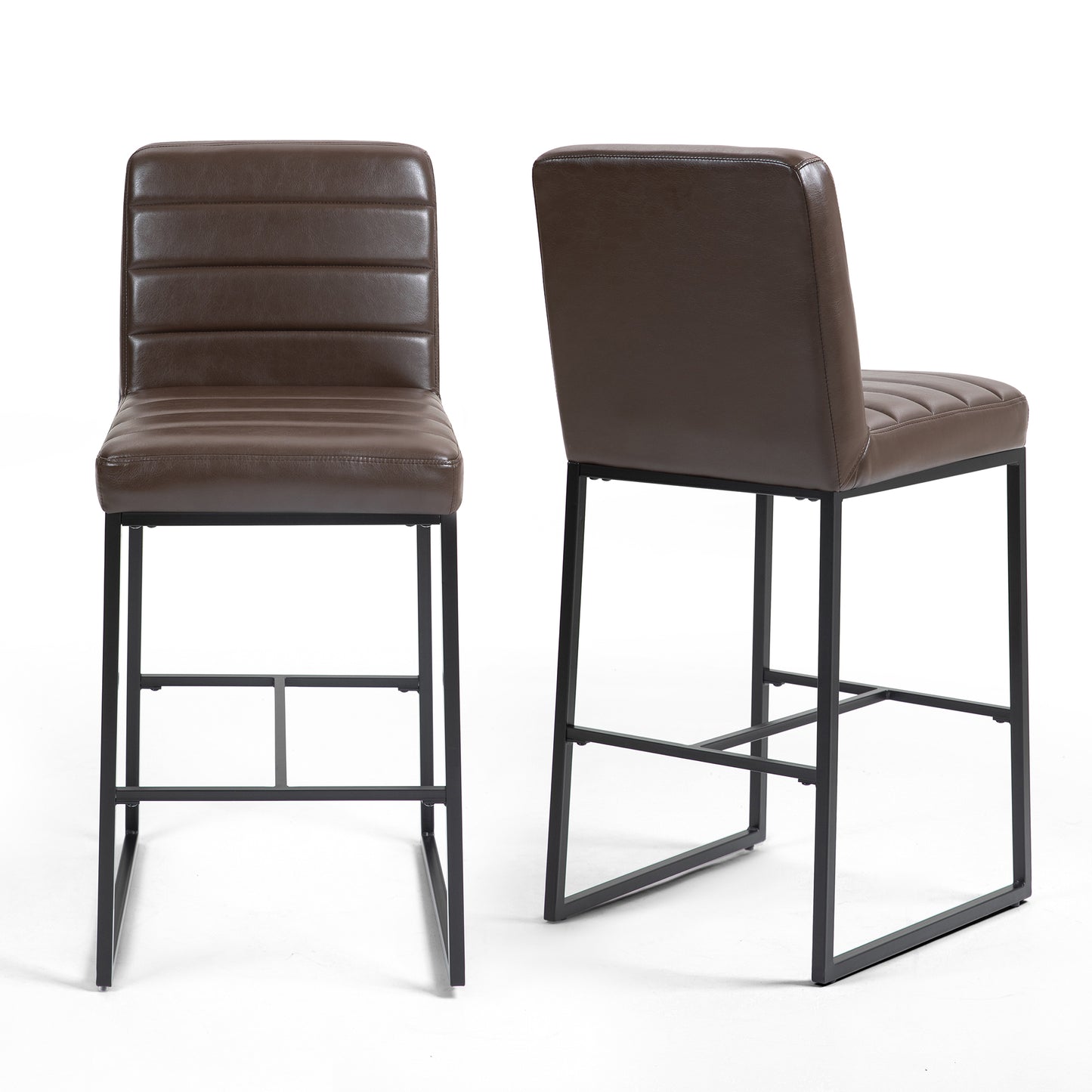 Set of 2 Belisario Brown Faux Leather Bar Stool with Black Metal Legs