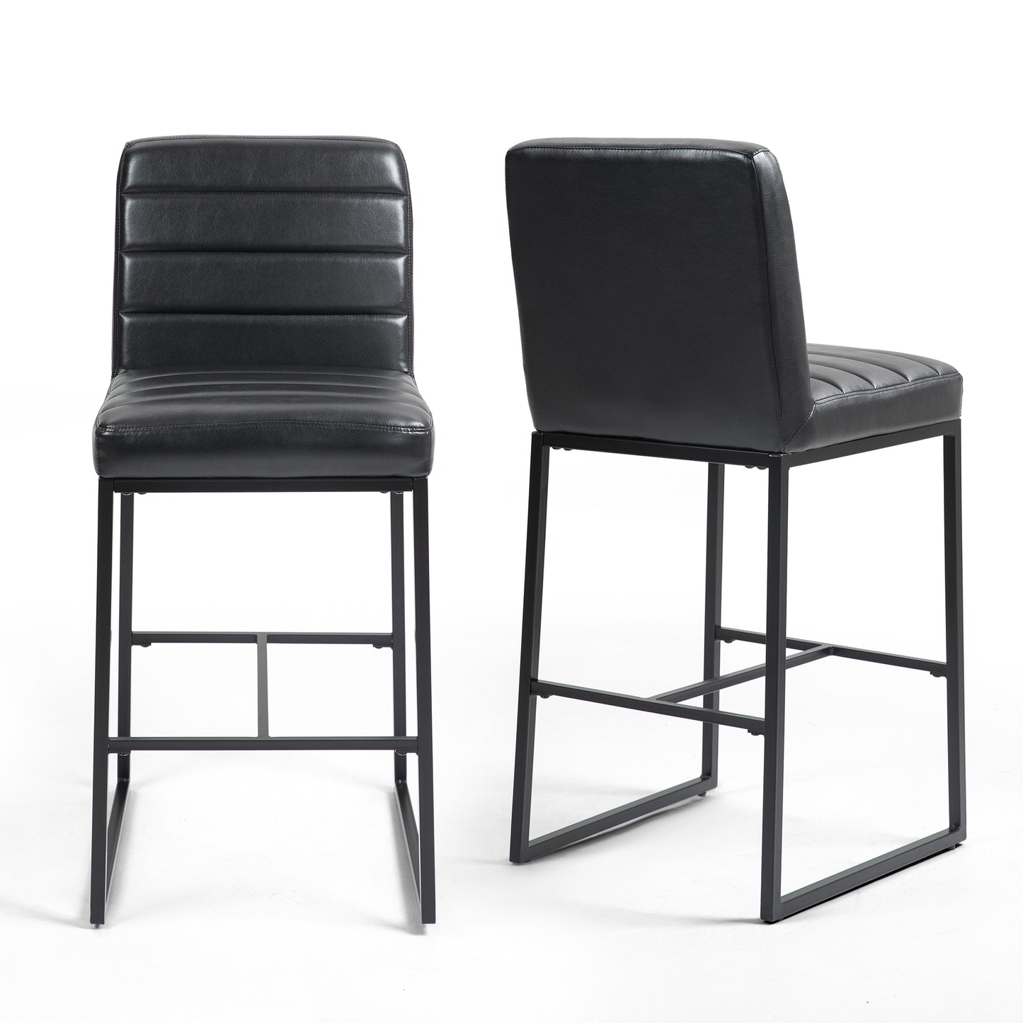 Set of 2 Belisario Black Faux Leather Bar Stool with Black Metal Legs