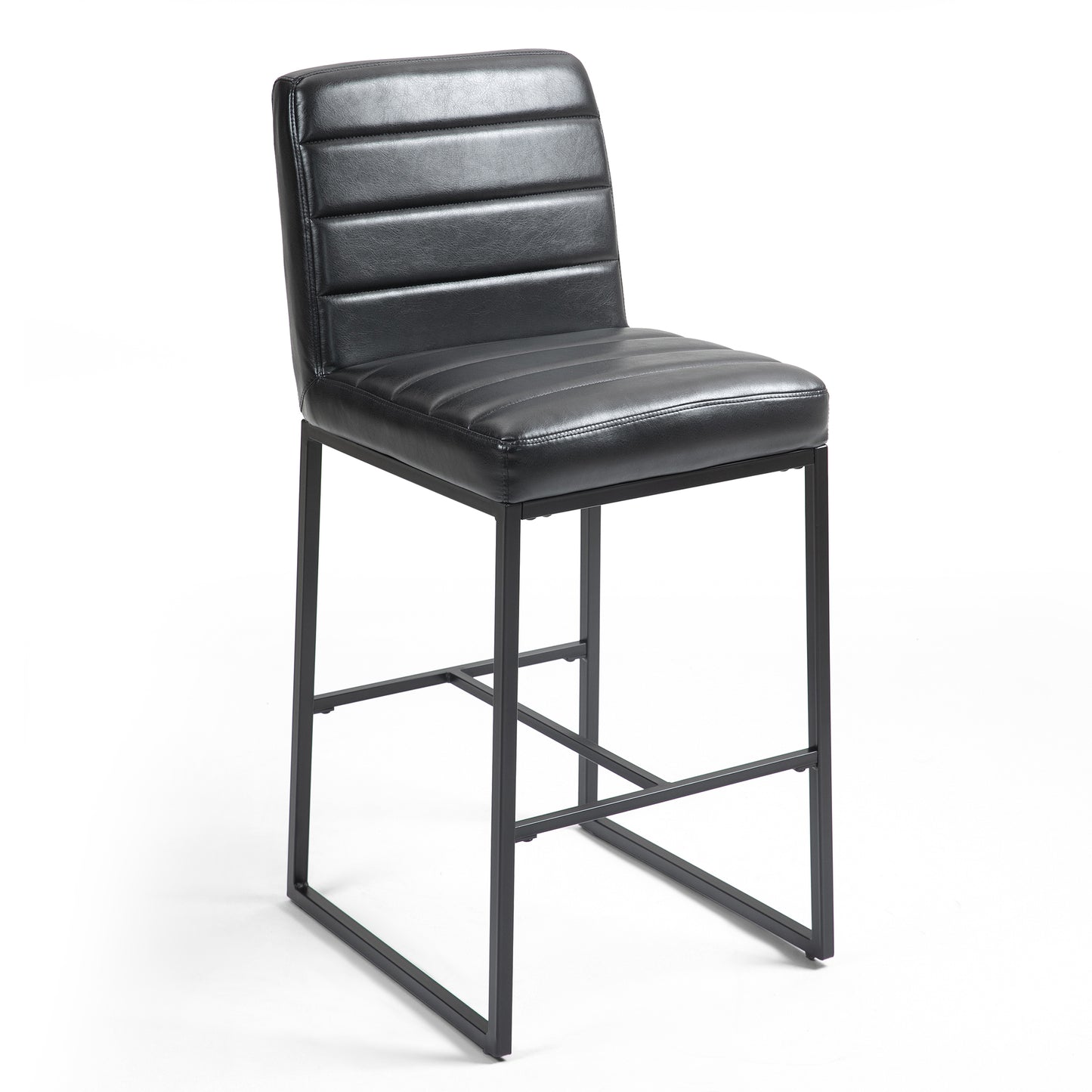 Set of 2 Belisario Black Faux Leather Bar Stool with Black Metal Legs