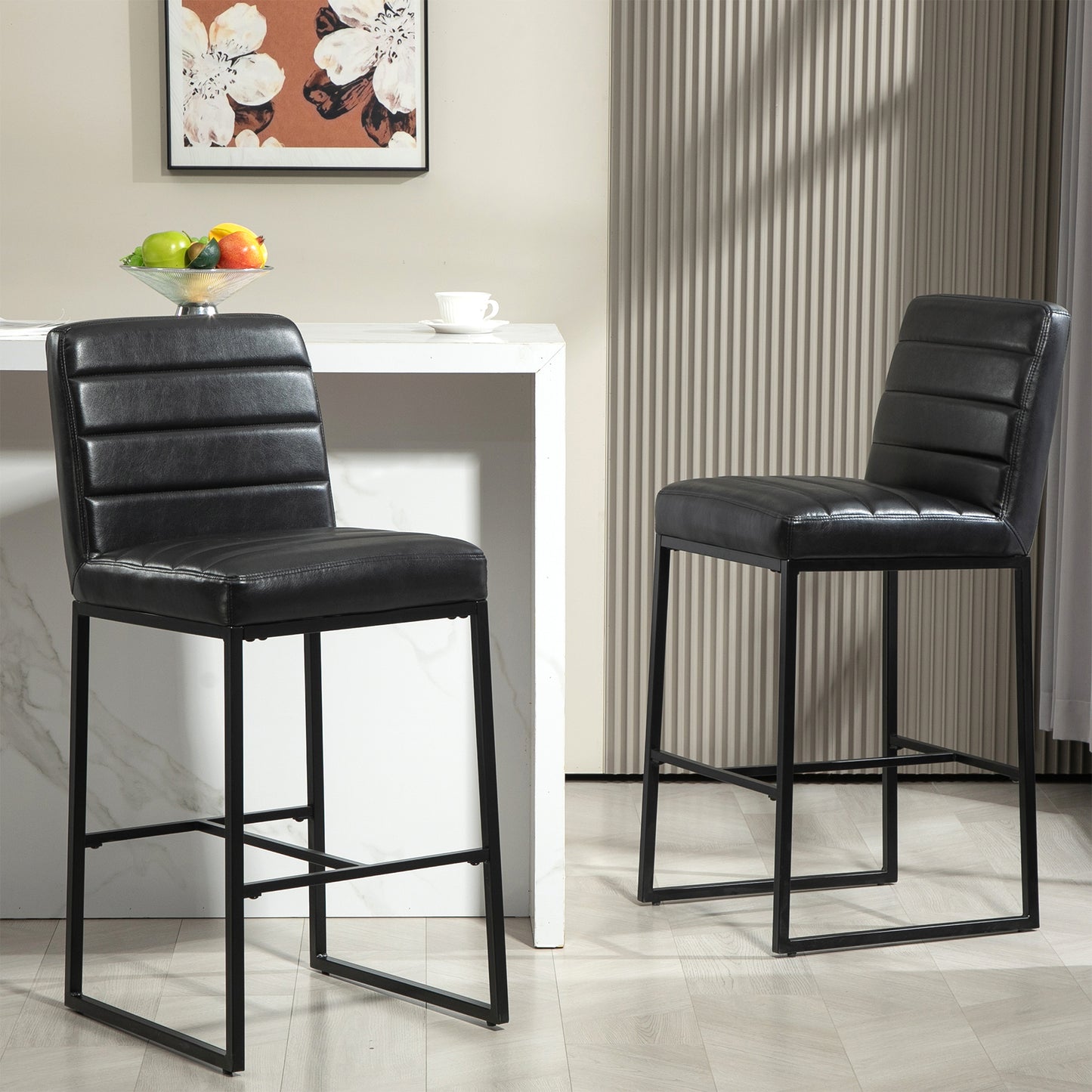 Set of 2 Belisario Black Faux Leather Bar Stool with Black Metal Legs