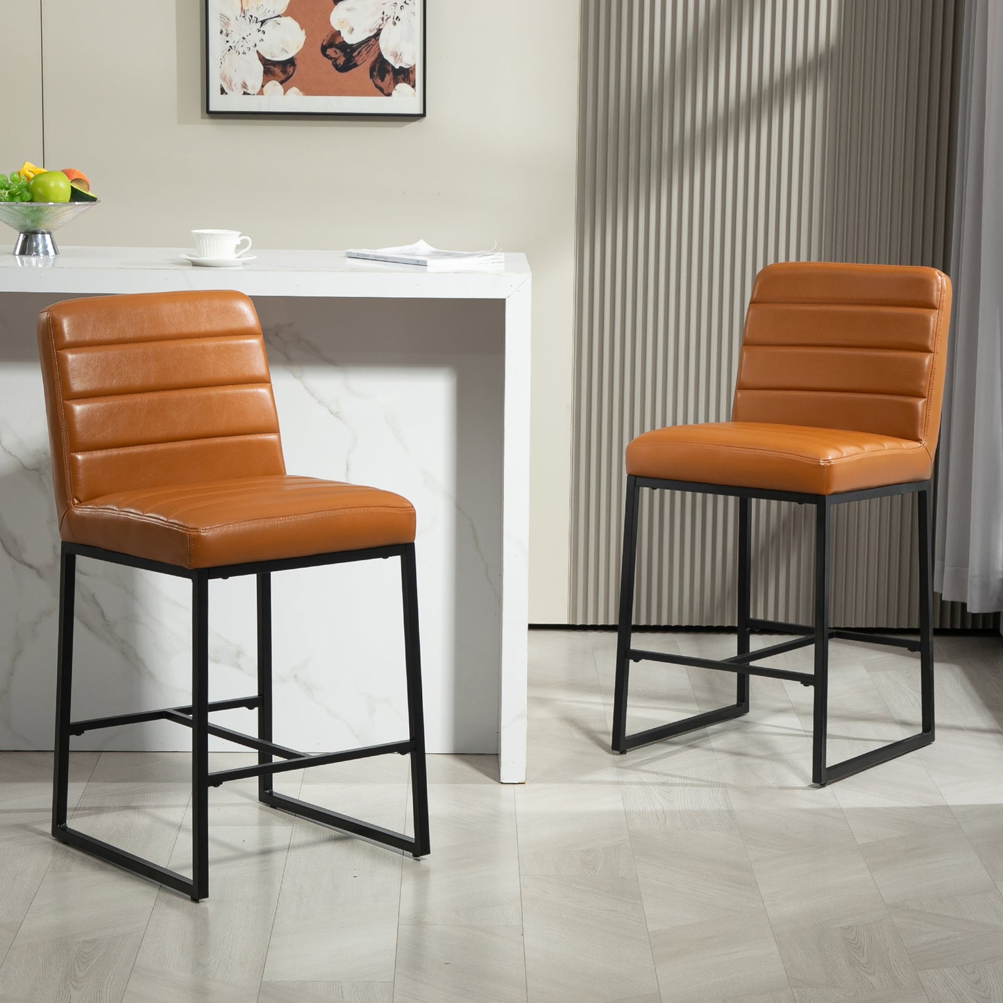 Set of 2 Belisario Light Brown Faux Leather Counter Stool with Black Metal Legs