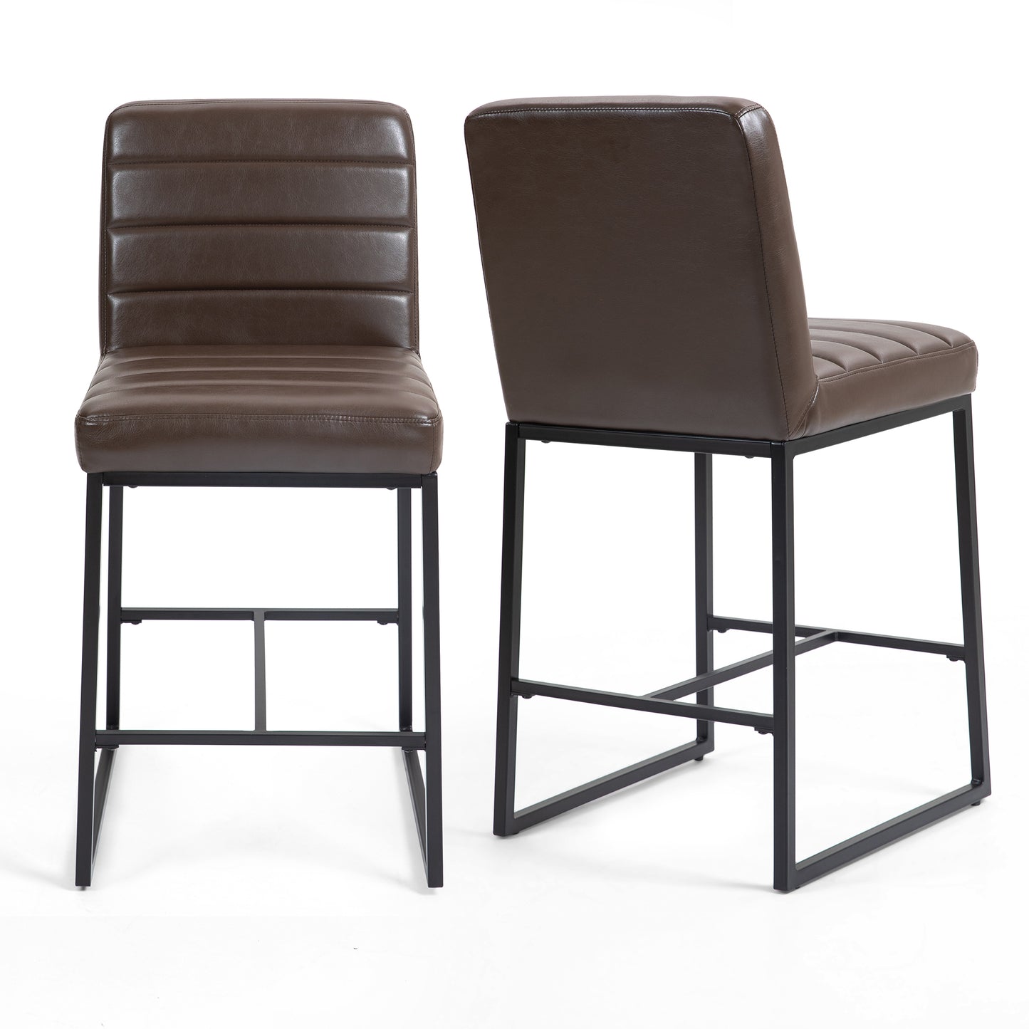 Set of 2 Belisario Brown Faux Leather Counter Stool with Black Metal Legs