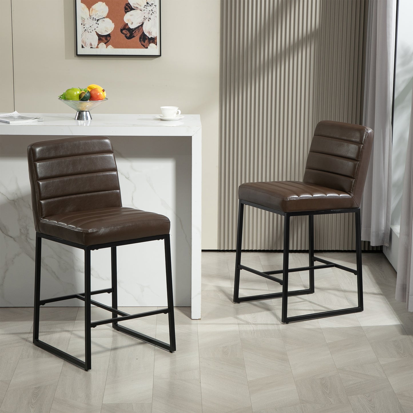 Set of 2 Belisario Brown Faux Leather Counter Stool with Black Metal Legs