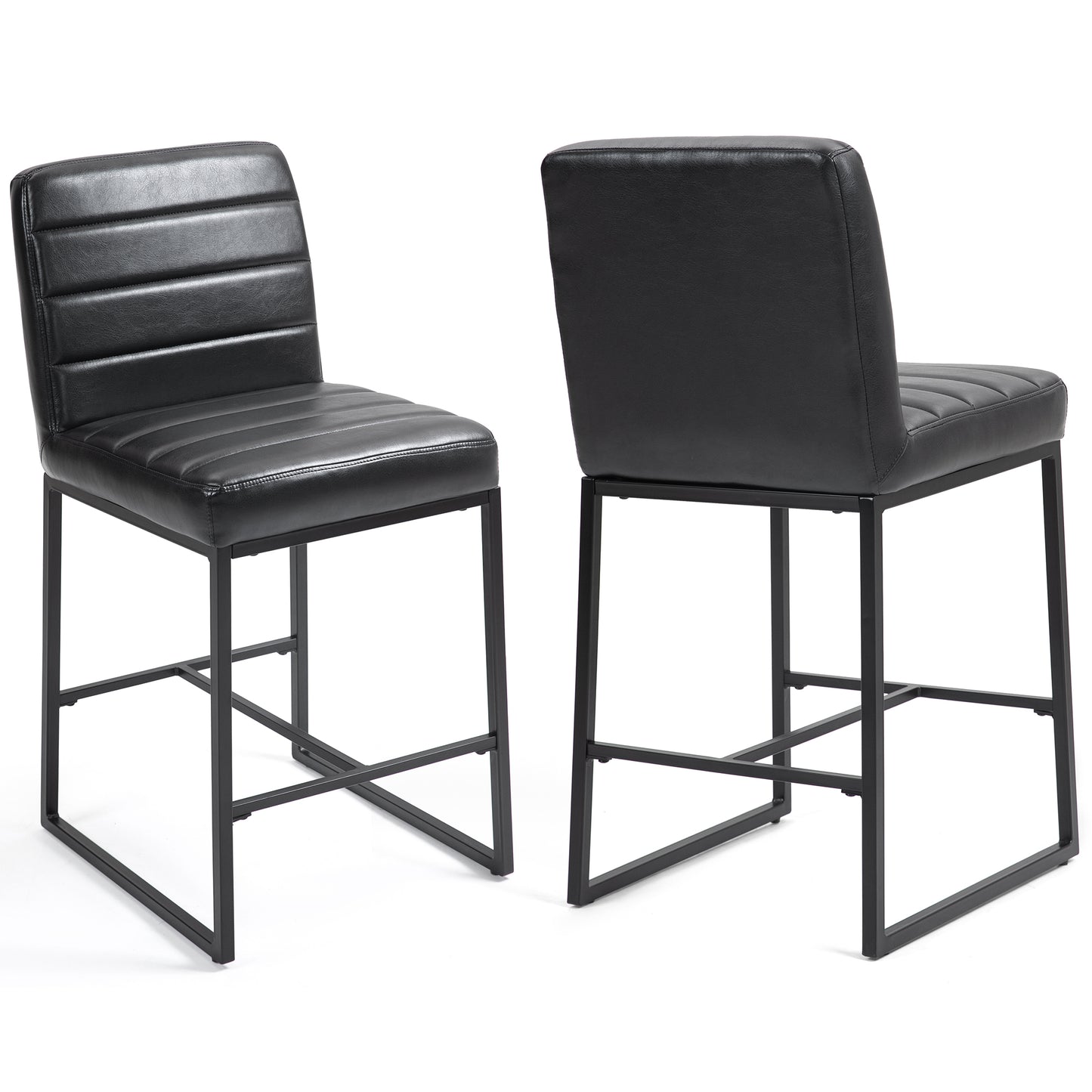 Set of 2 Belisario Black Faux Leather Counter Stool with Black Metal Legs