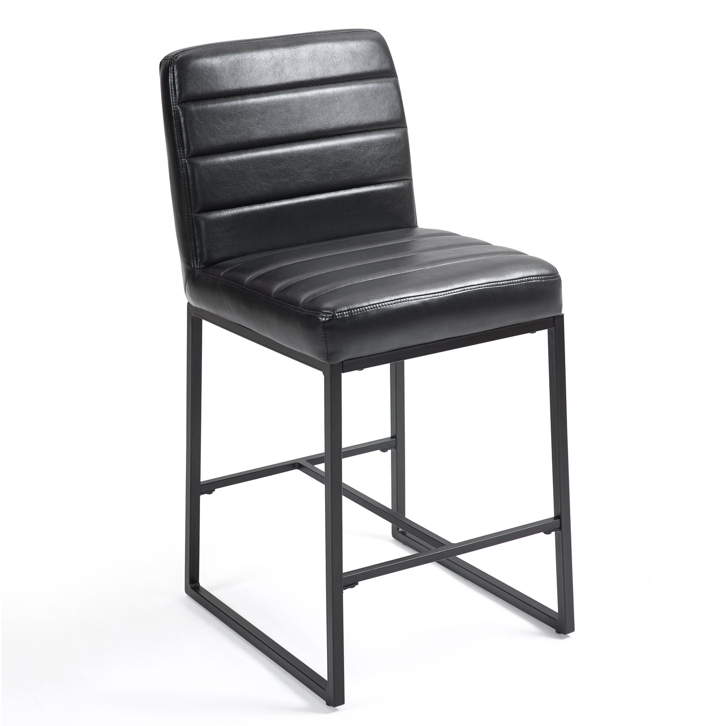 Set of 2 Belisario Black Faux Leather Counter Stool with Black Metal Legs