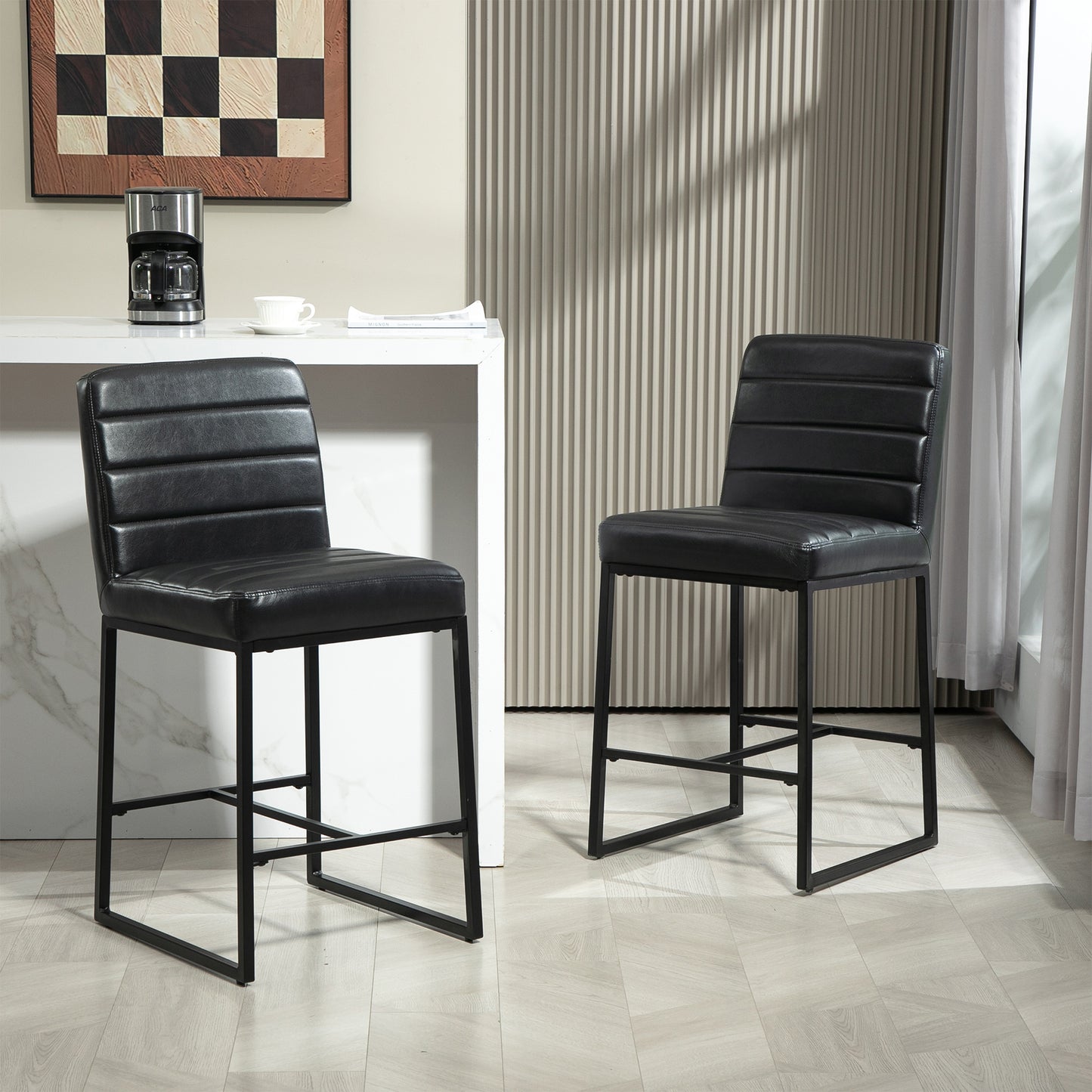 Set of 2 Belisario Black Faux Leather Counter Stool with Black Metal Legs