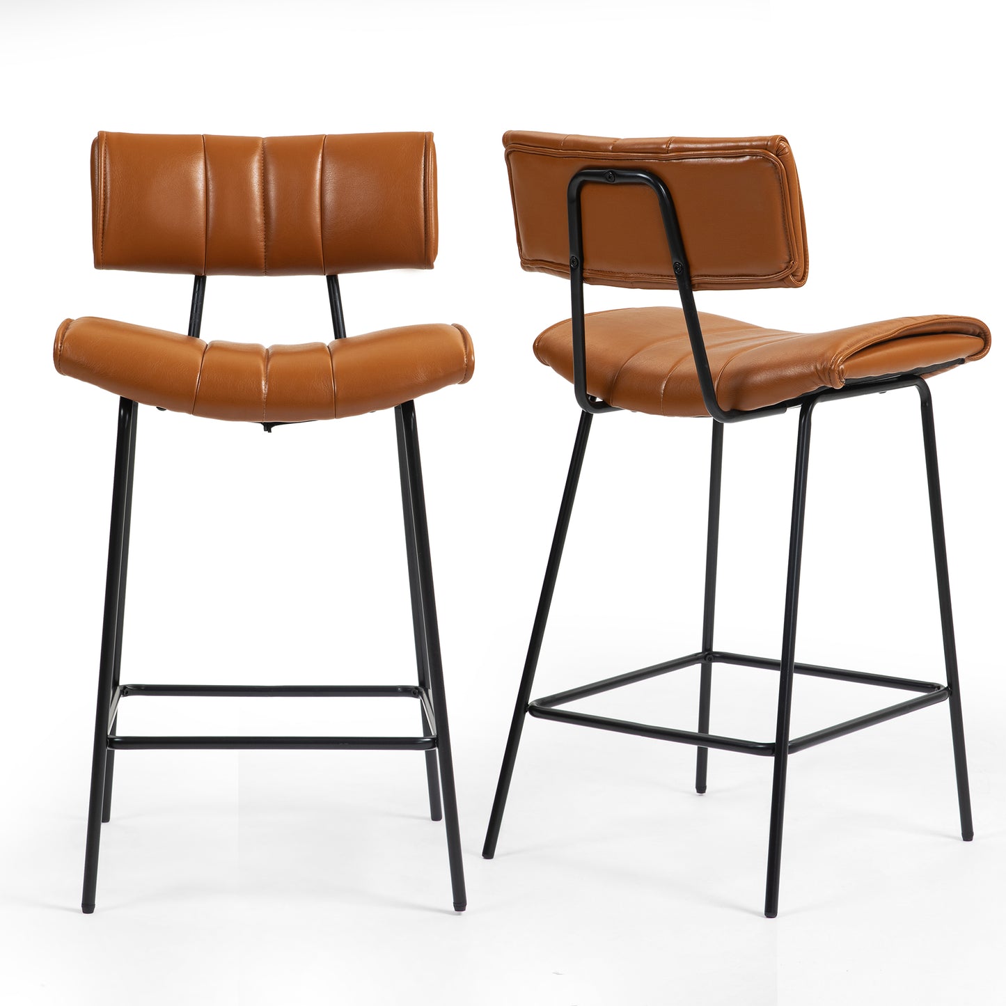 Set of 2 Belita Brown Faux Leather Bar Stool with Black Metal Legs