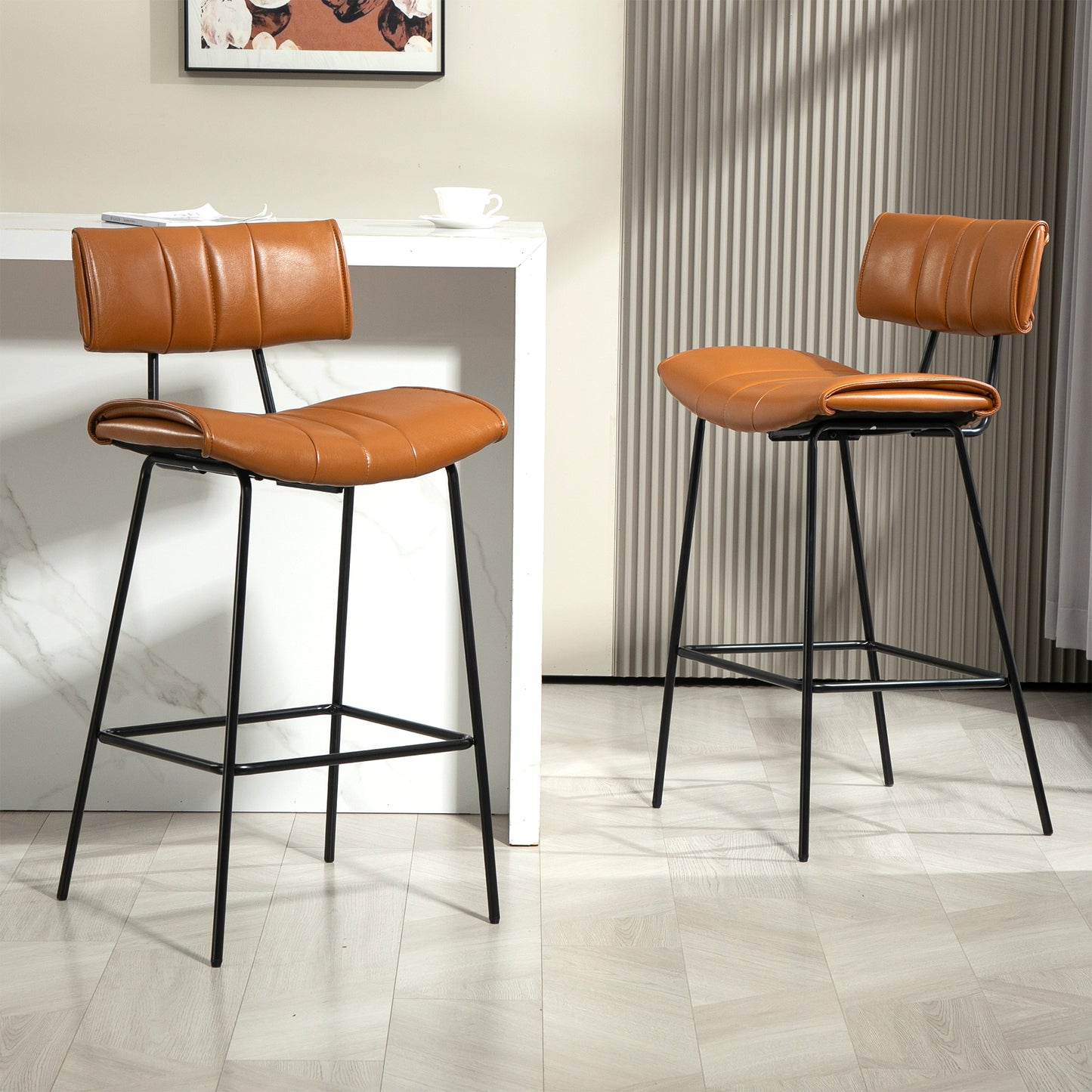 Set of 2 Belita Brown Faux Leather Bar Stool with Black Metal Legs