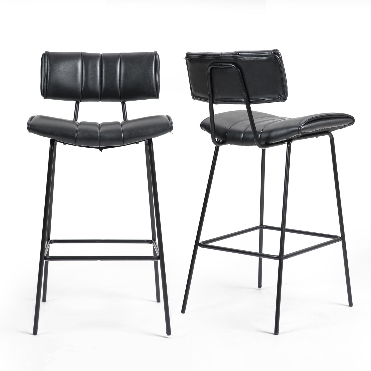 Set of 2 Belita Black Faux Leather Bar Stool with Black Metal Legs