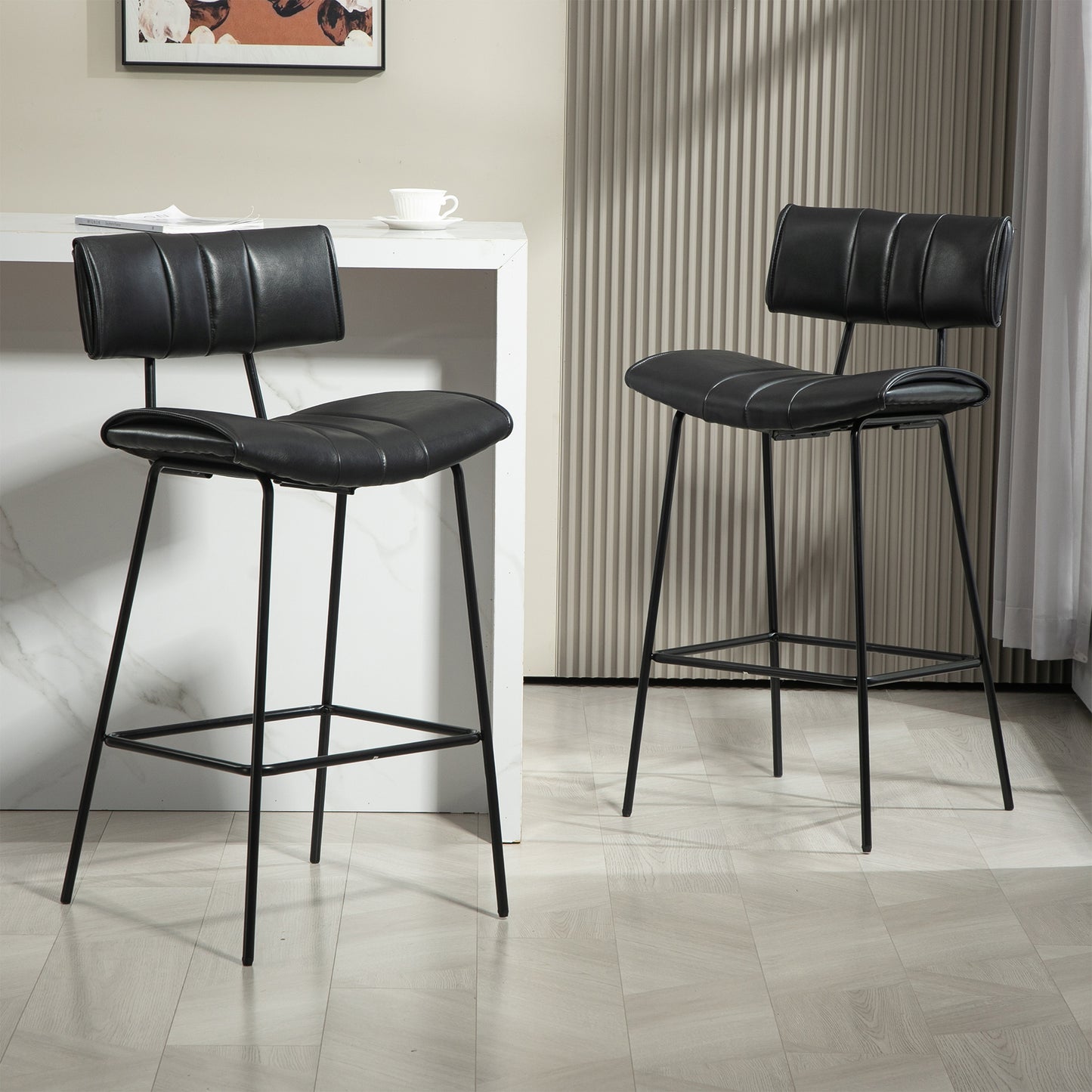 Set of 2 Belita Black Faux Leather Bar Stool with Black Metal Legs